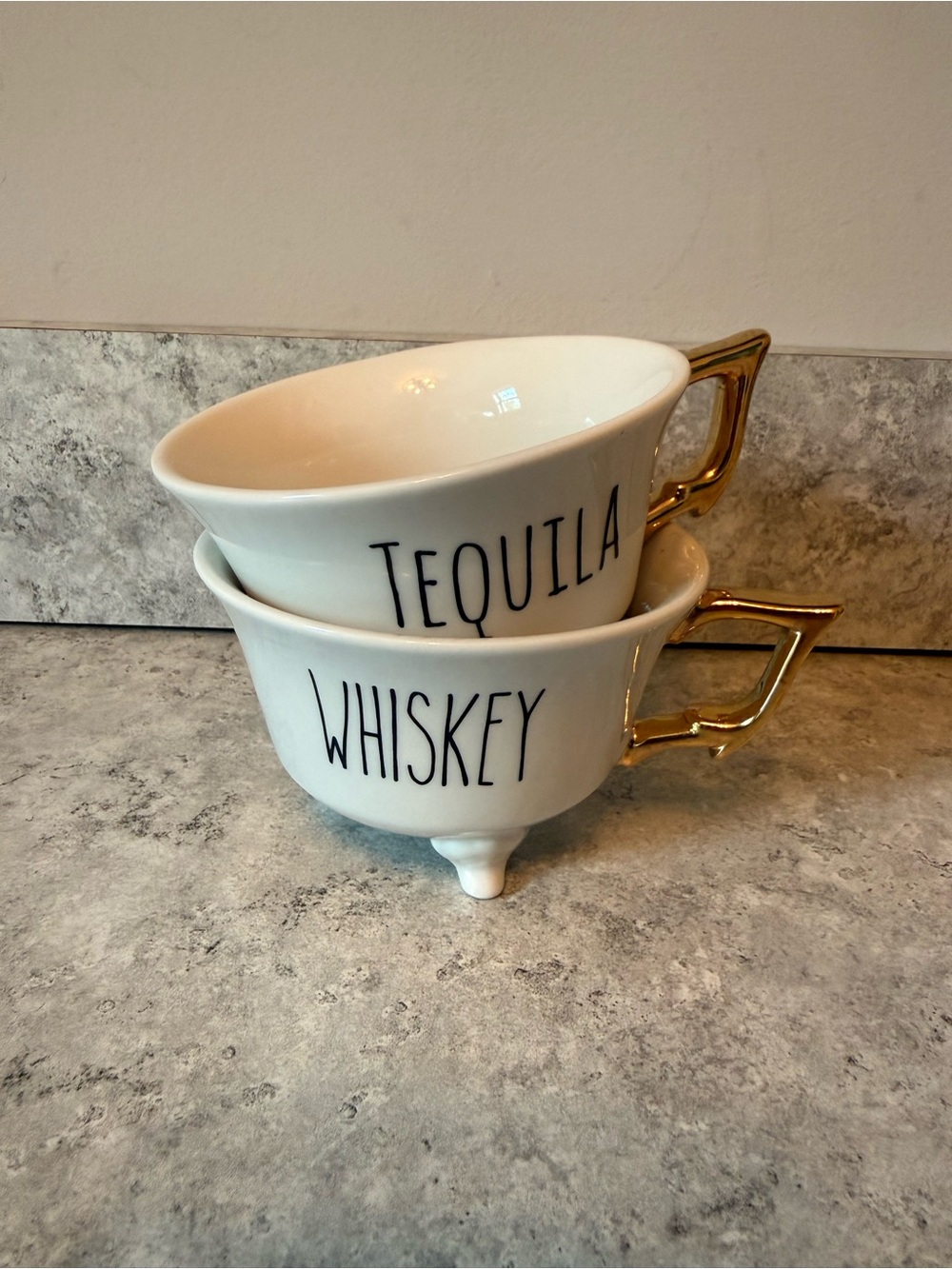 White Ceramic 'Tequila' and 'Whiskey' Stackable Cups with Gold Handles